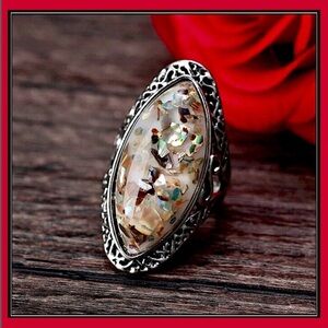 New Hammered silver Bohemian gypsy mosaic shell tile opal Abalone ring